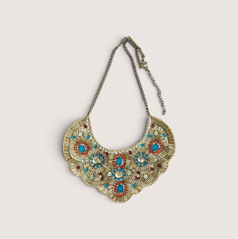 Vintage Gold Bead Rhinestone Bib Necklace